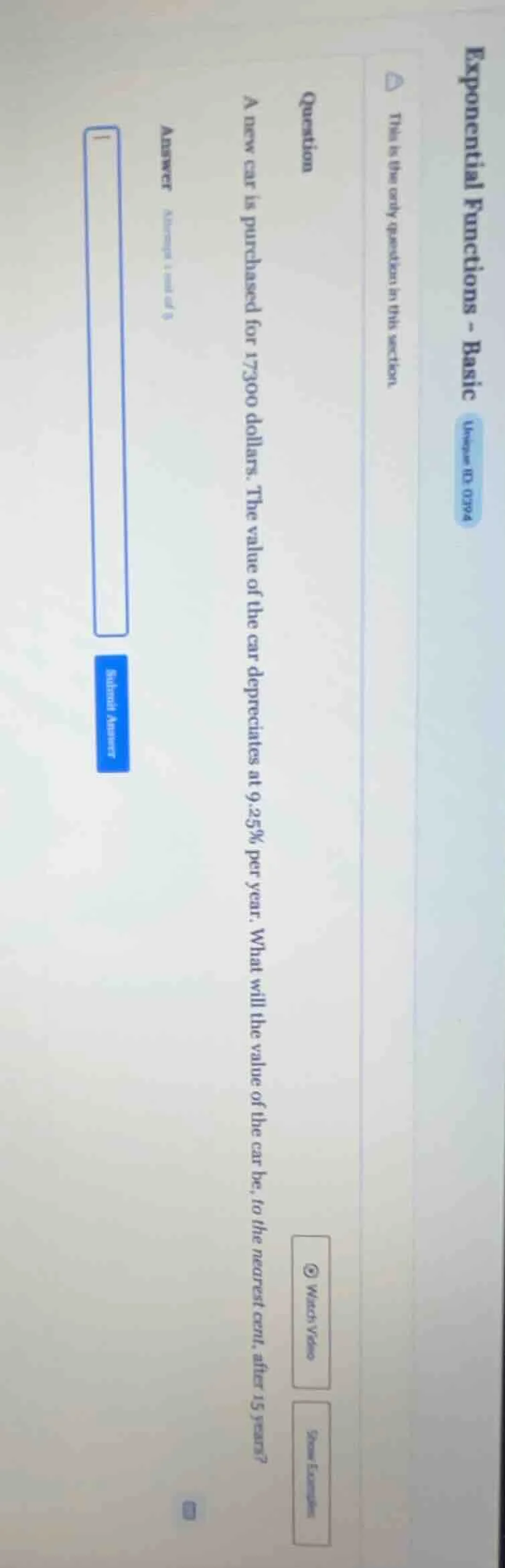 a new car is purchased for 17300 dollars. the value of the car deprecia…