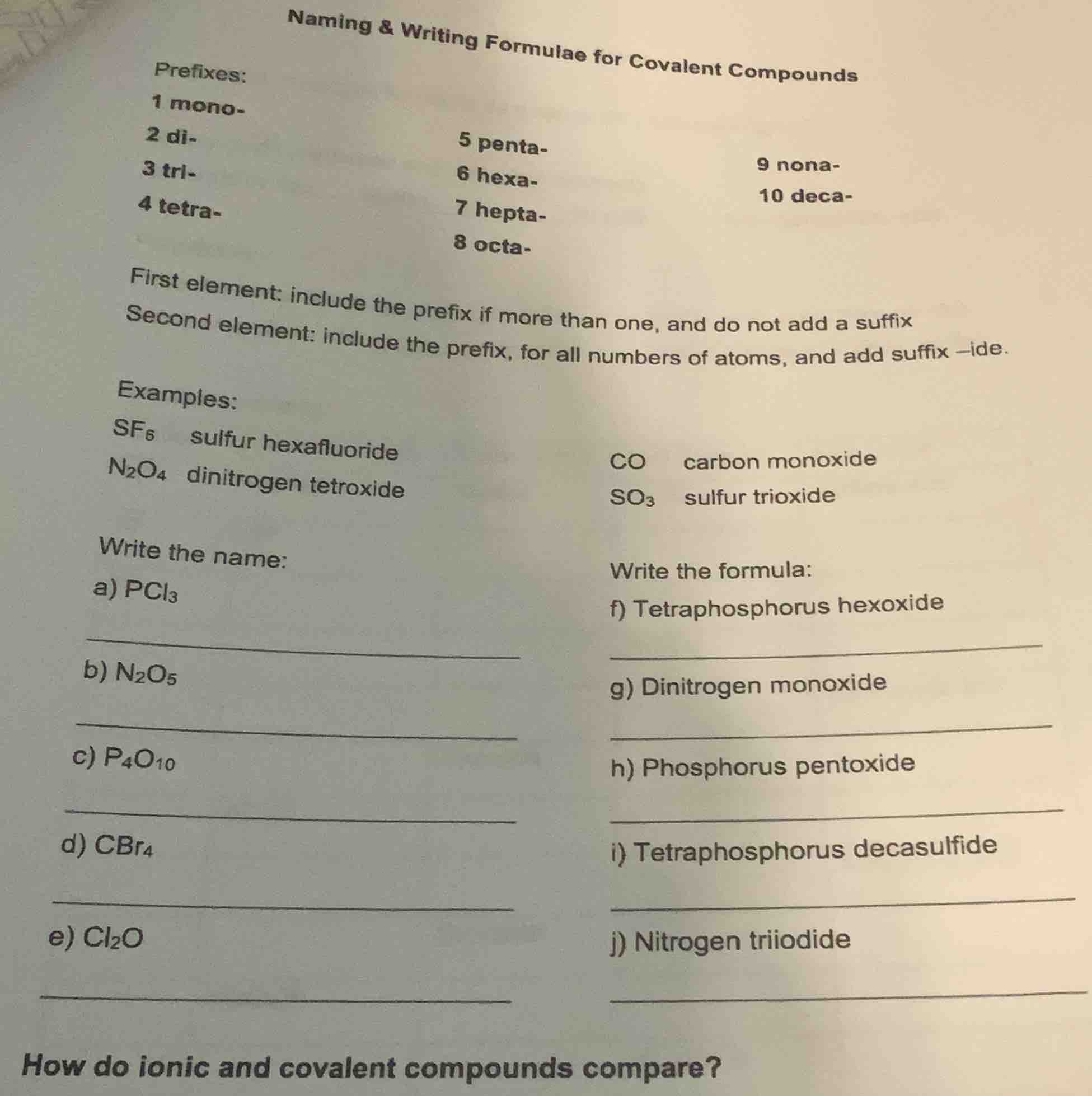naming & writing formulae for covalent compounds prefixes: 1 mono- 2 di…