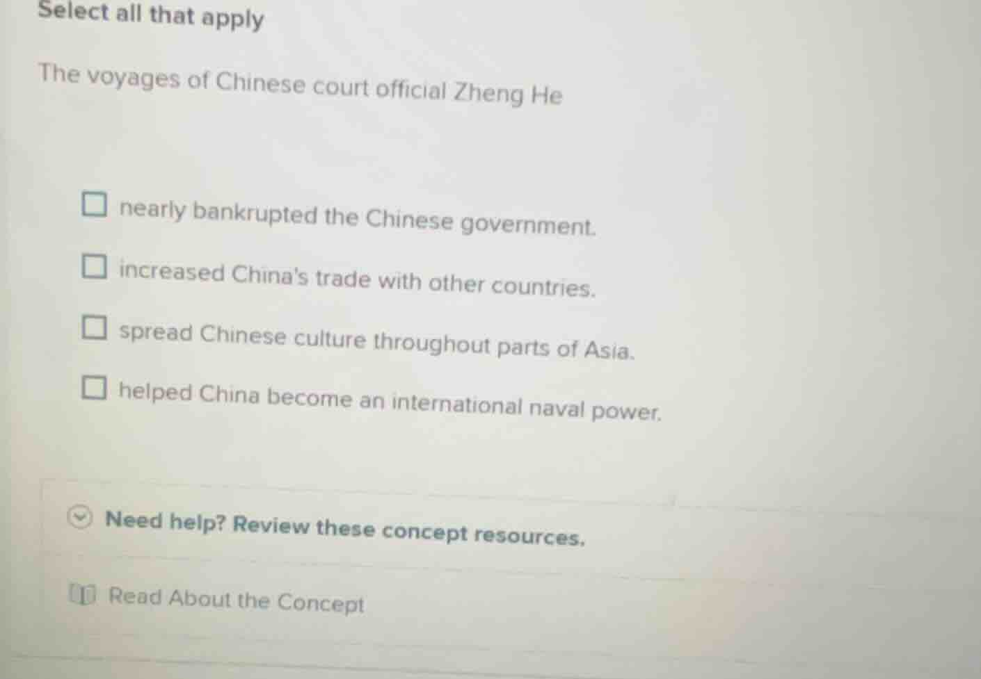 select all that apply the voyages of chinese court official zheng he □ …