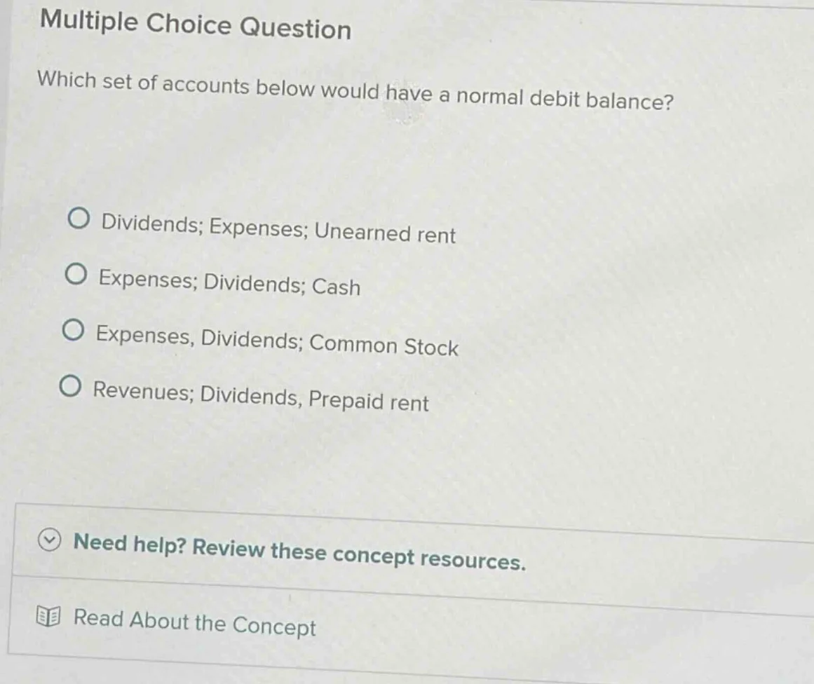 multiple choice question which set of accounts below would have a norma…