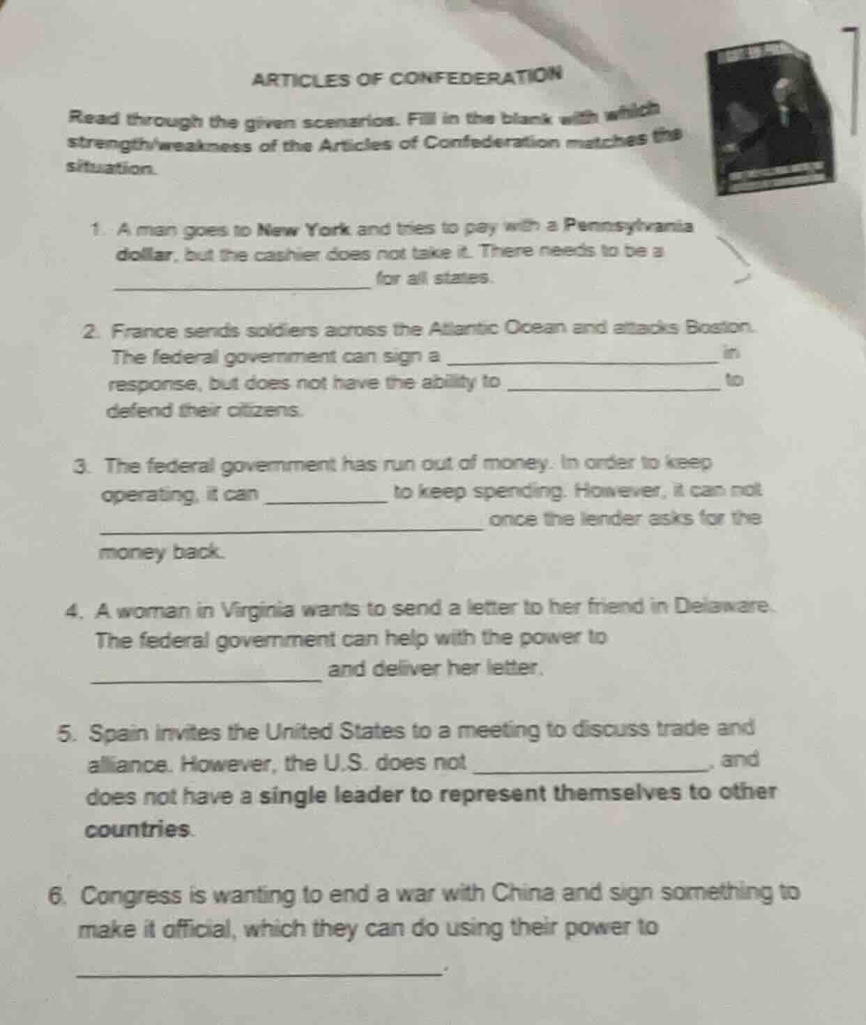 articles of confederation read through the given scenarios. fill in the…