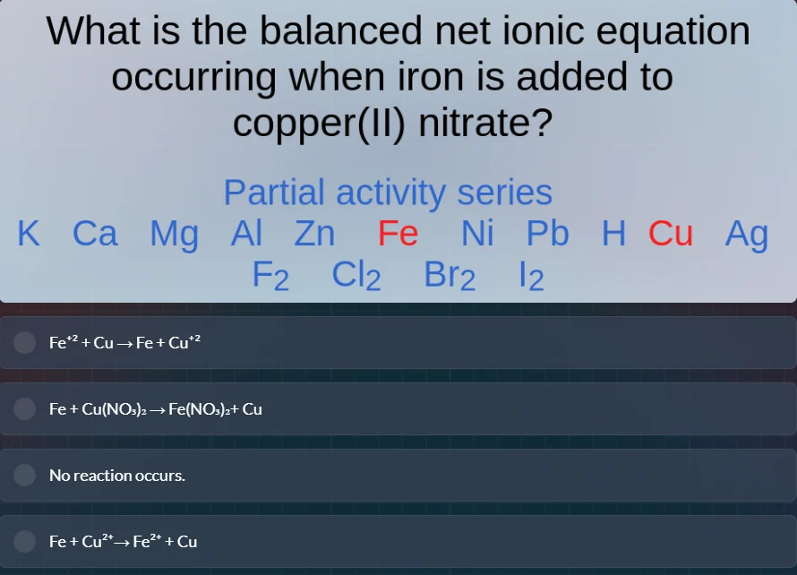 what is the balanced net ionic equation occurring when iron is added to…