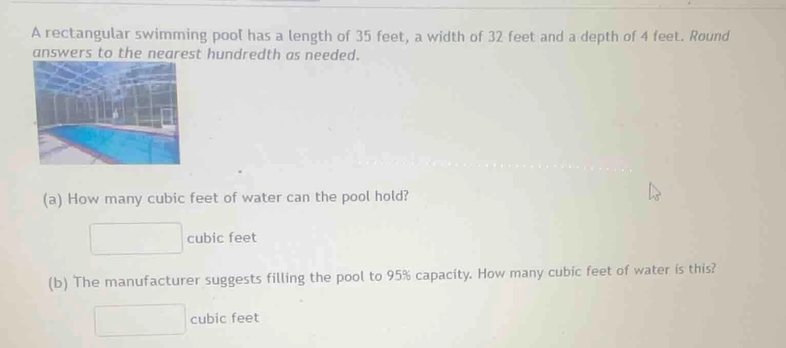 a rectangular swimming pool has a length of 35 feet, a width of 32 feet…