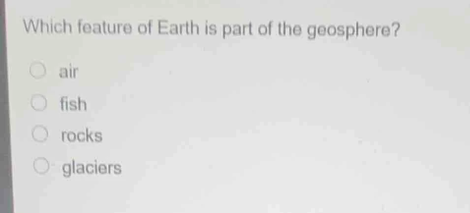 which feature of earth is part of the geosphere? air fish rocks glaciers