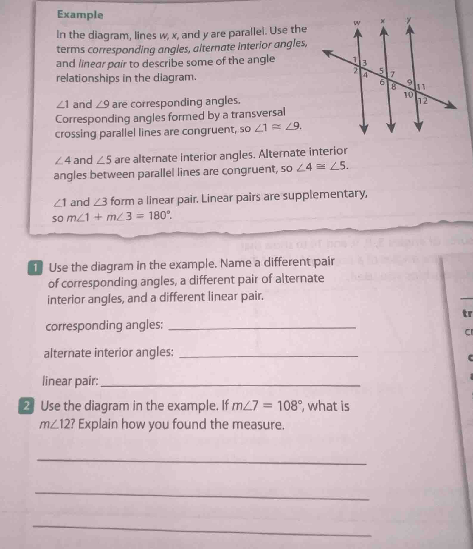 example in the diagram, lines w, x, and y are parallel. use the terms c…