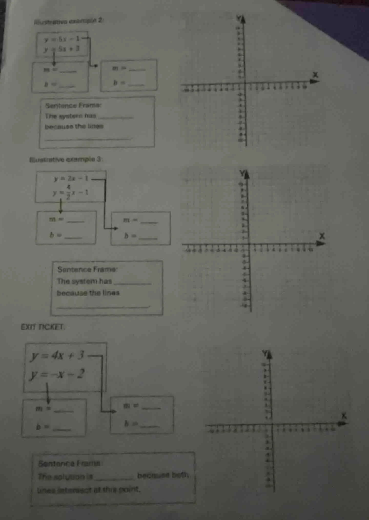 illustrative example 2: $y = 5x - 1$ $y = 5x + 3$ $m = $______ $b = $__…
