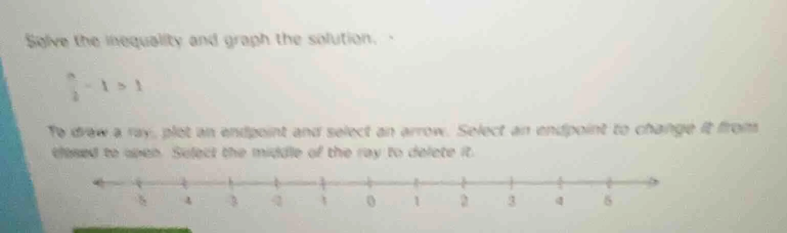 solve the inequality and graph the solution. \\(\frac{x}{2} - 1 > 1\\) …