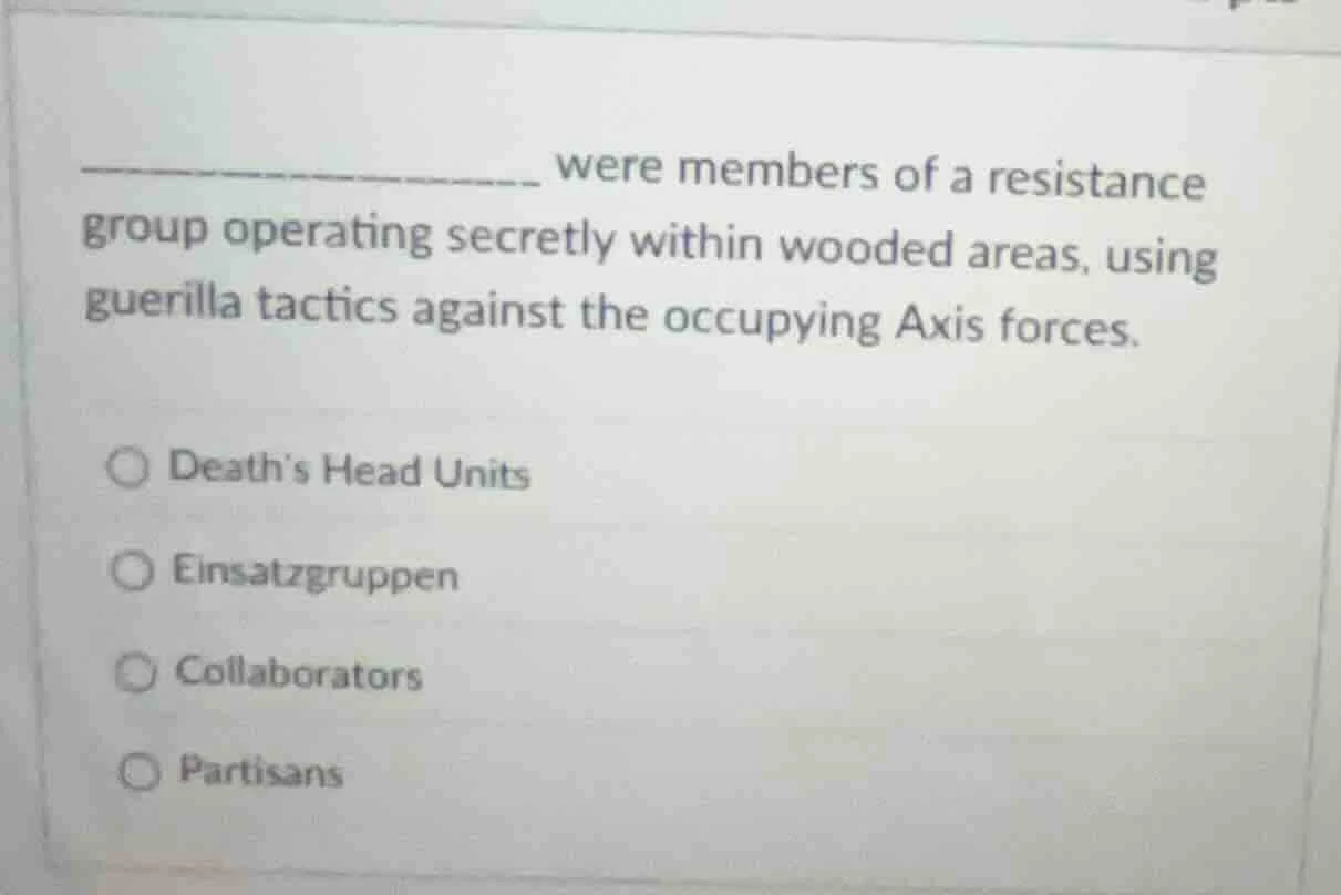 __________ were members of a resistance group operating secretly within…
