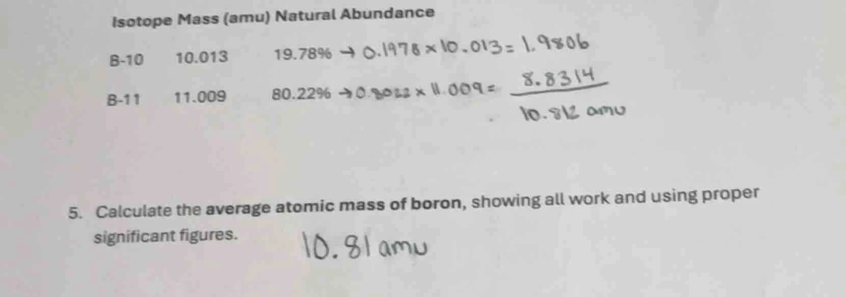 isotope mass (amu) natural abundance b-10 10.013 19.78% → 0.1978×10.013…