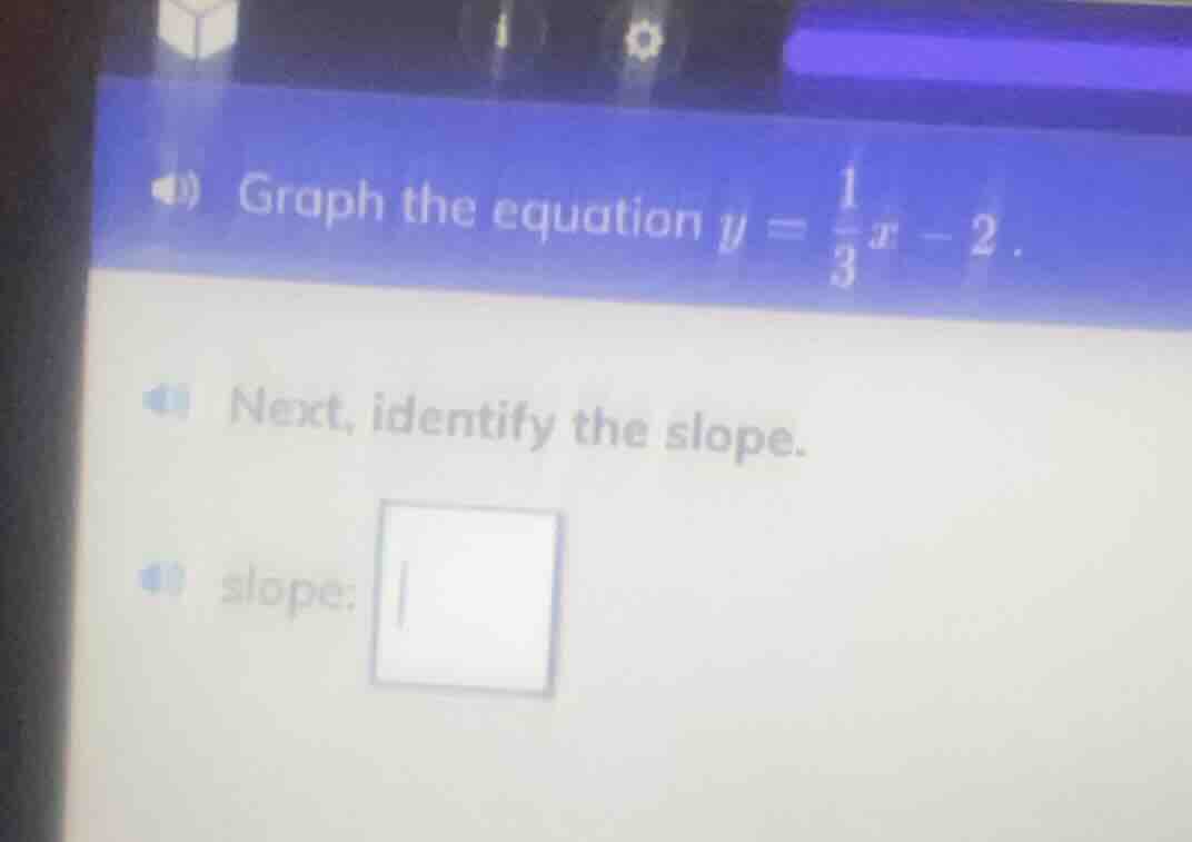 graph the equation $y = \\frac{1}{3}x - 2$. next, identify the slope. s…