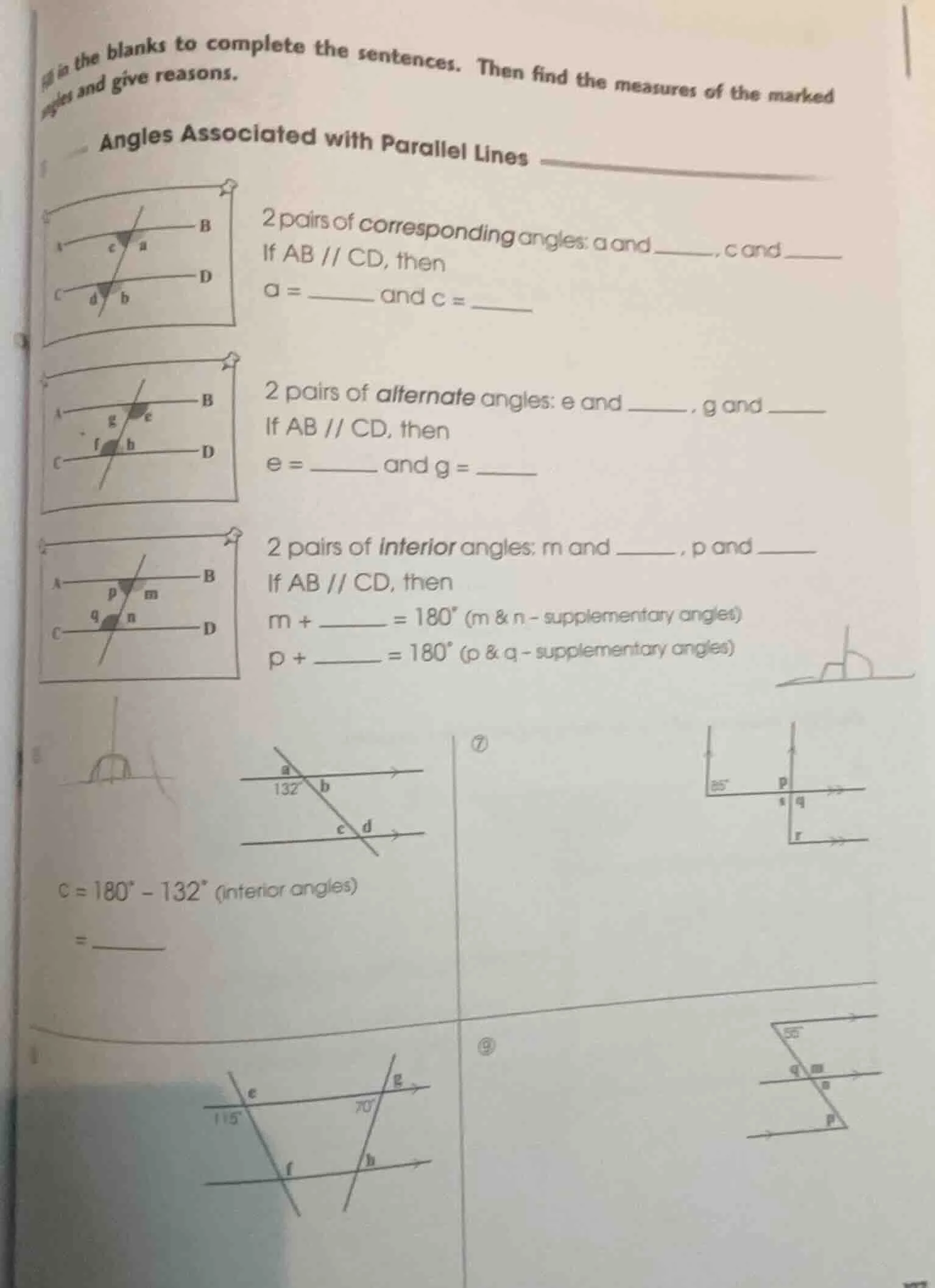 fill in the blanks to complete the sentences. then find the measures of…