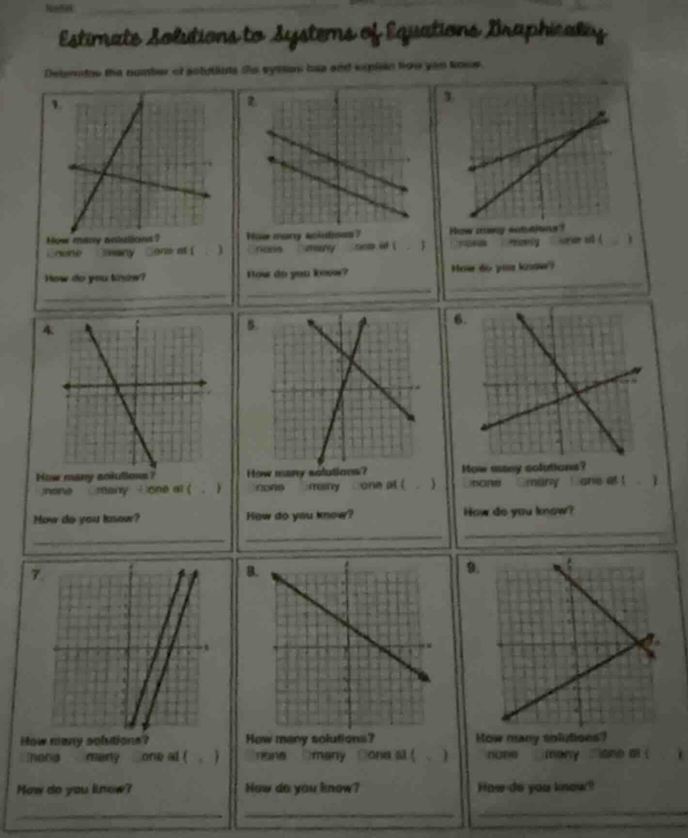 estimate solutions to systems of equations graphically determine the nu…