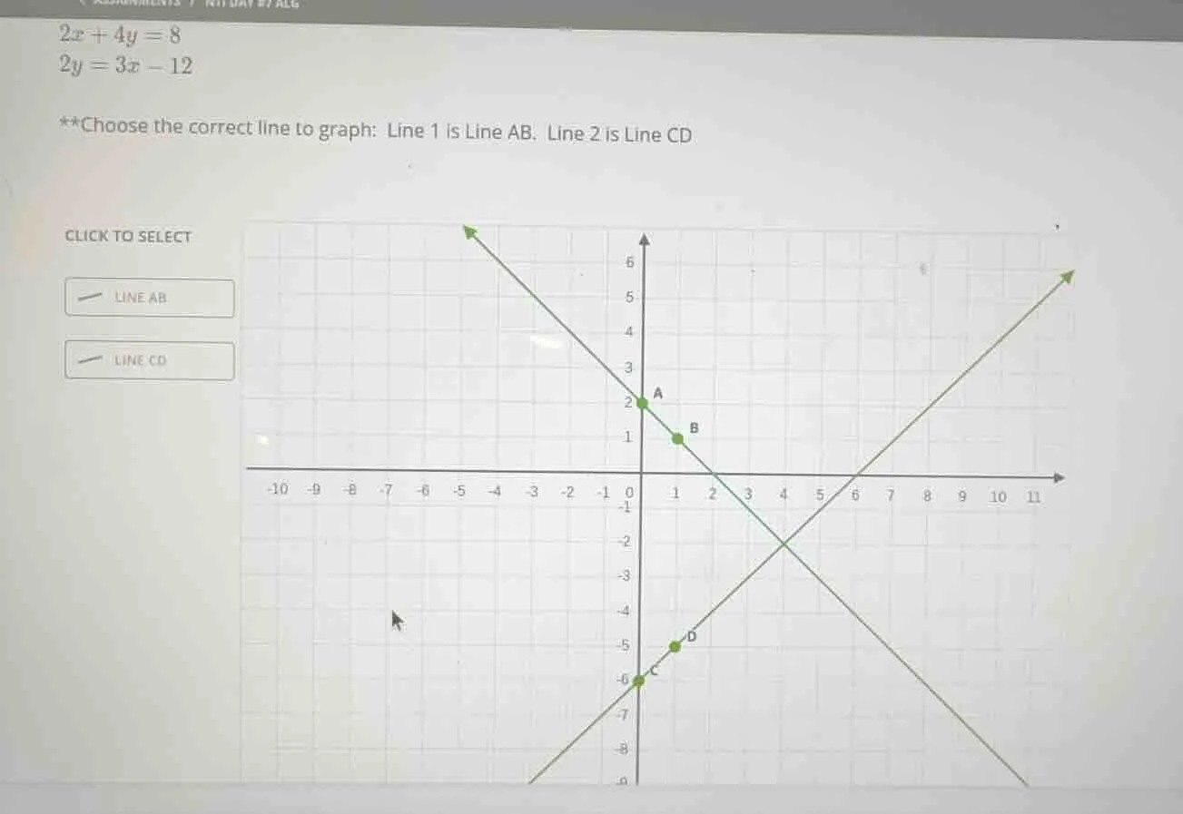2x + 4y = 8\ 2y = 3x - 12\ **choose the correct line to graph: line 1 i…