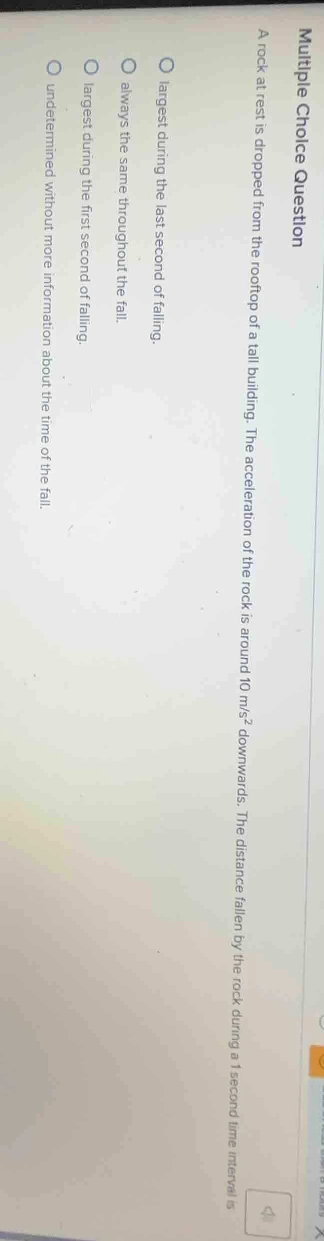 multiple choice question a rock at rest is dropped from the rooftop of …