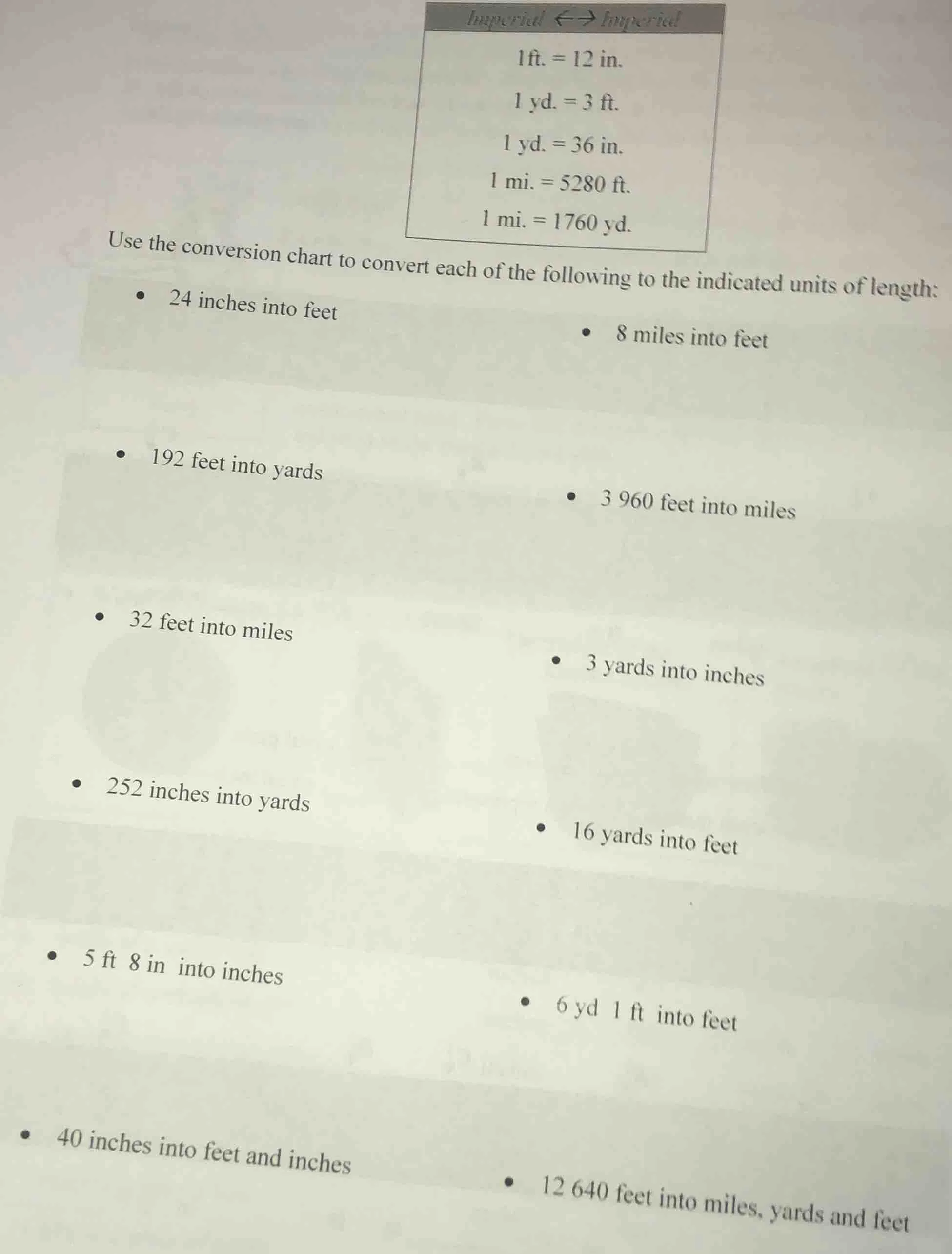 imperial ↔ imperial 1ft. = 12 in. 1 yd. = 3 ft. 1 yd. = 36 in. 1 mi. = …