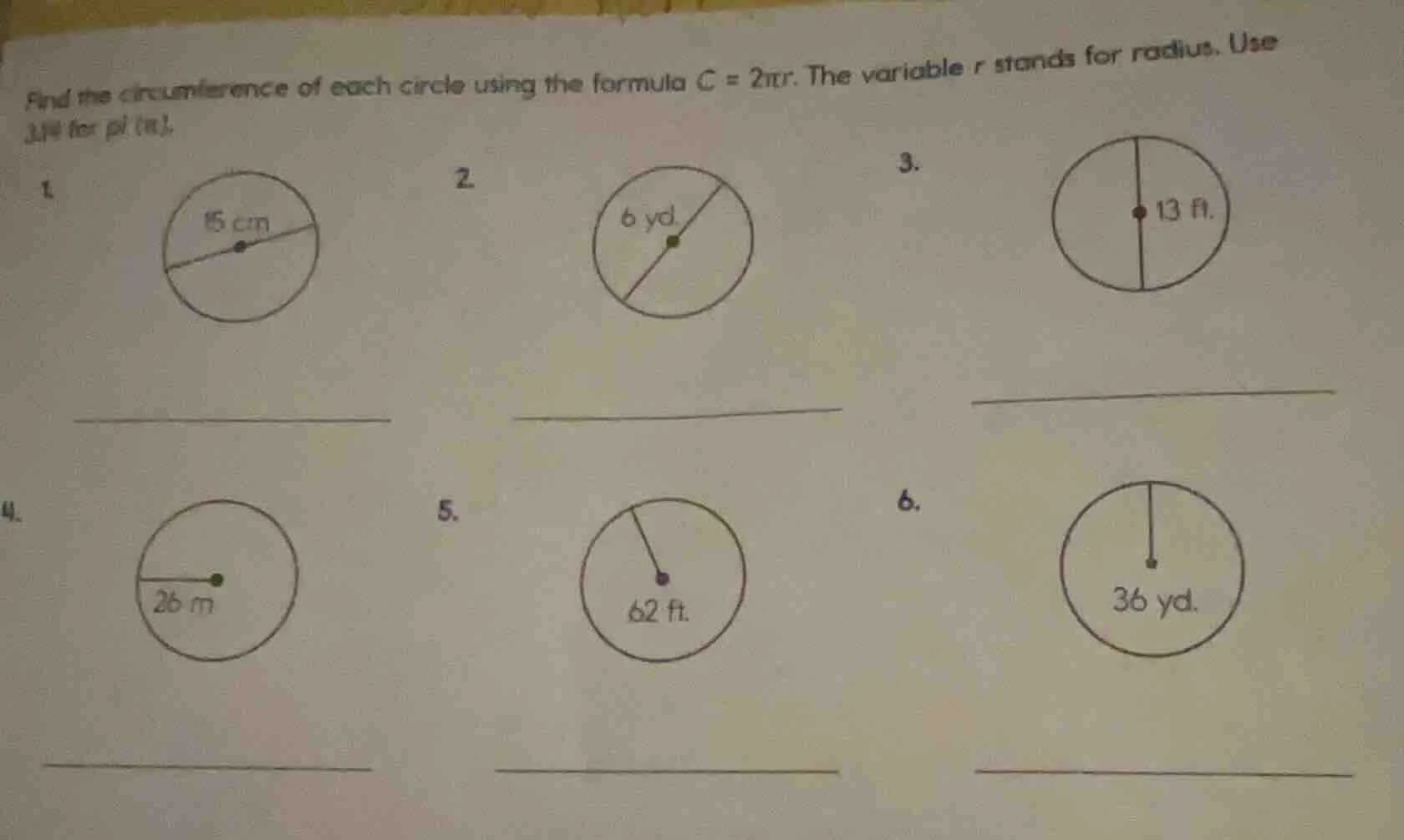 find the circumference of each circle using the formula $c = 2\\pi r$. …