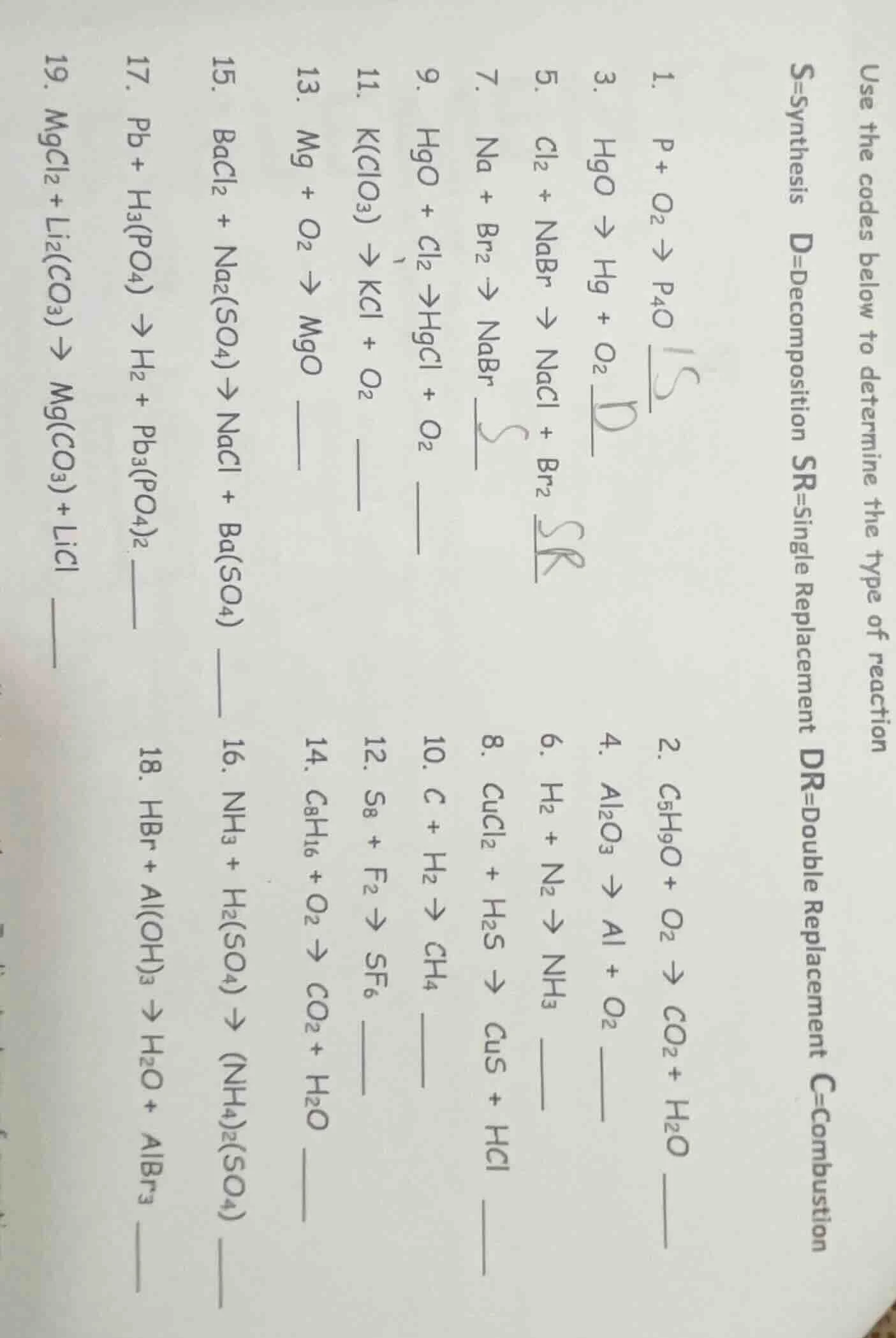 use the codes below to determine the type of reaction s=synthesis d=dec…