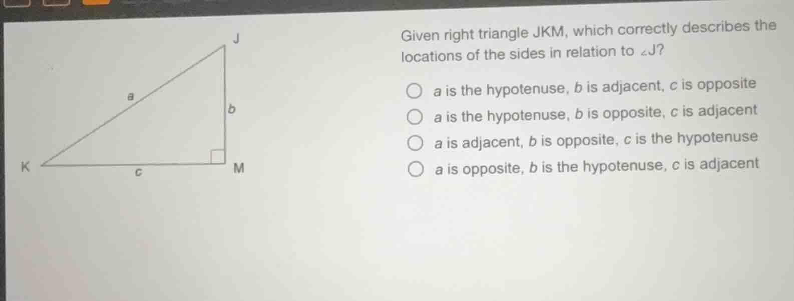 given right triangle jkm, which correctly describes the locations of th…