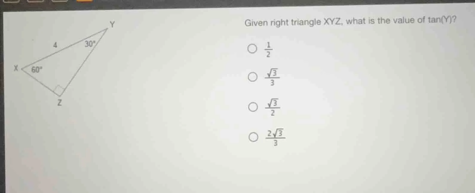 given right triangle xyz, what is the value of tan(y)? \\(\\frac{1}{2}\…