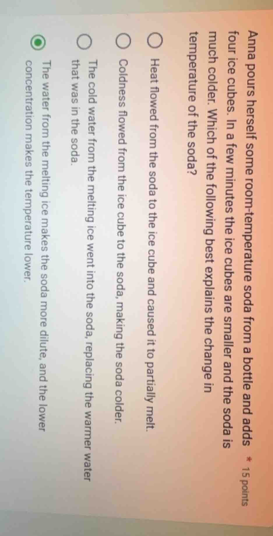 anna pours herself some room - temperature soda from a bottle and adds …