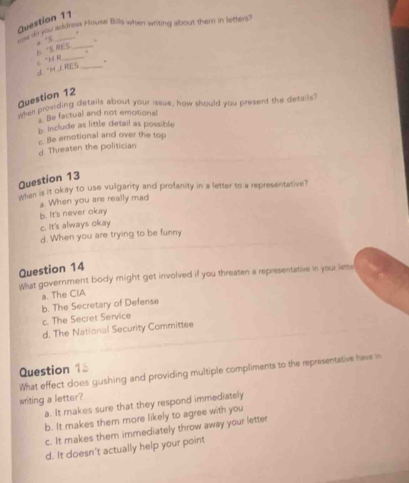 question 11 how do you address house bills when writing about them in l…