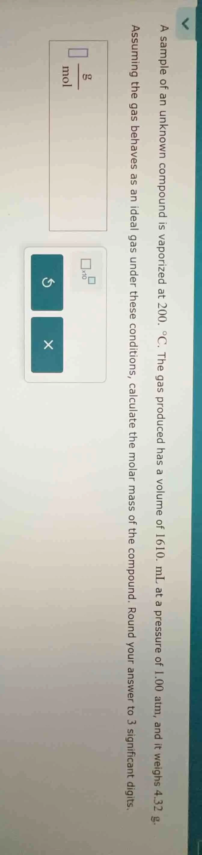 a sample of an unknown compound is vaporized at 200. °c. the gas produc…