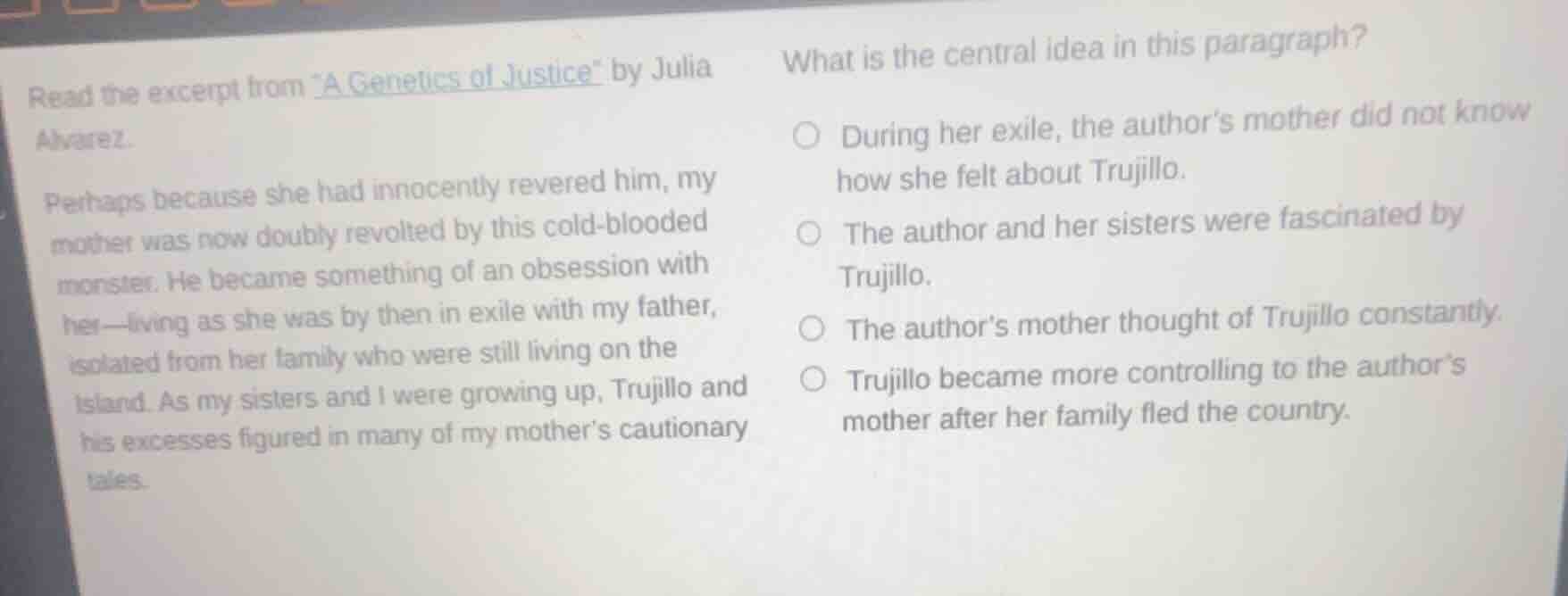 read the excerpt from \a genetics of justice\ by julia alvarez. perhaps…