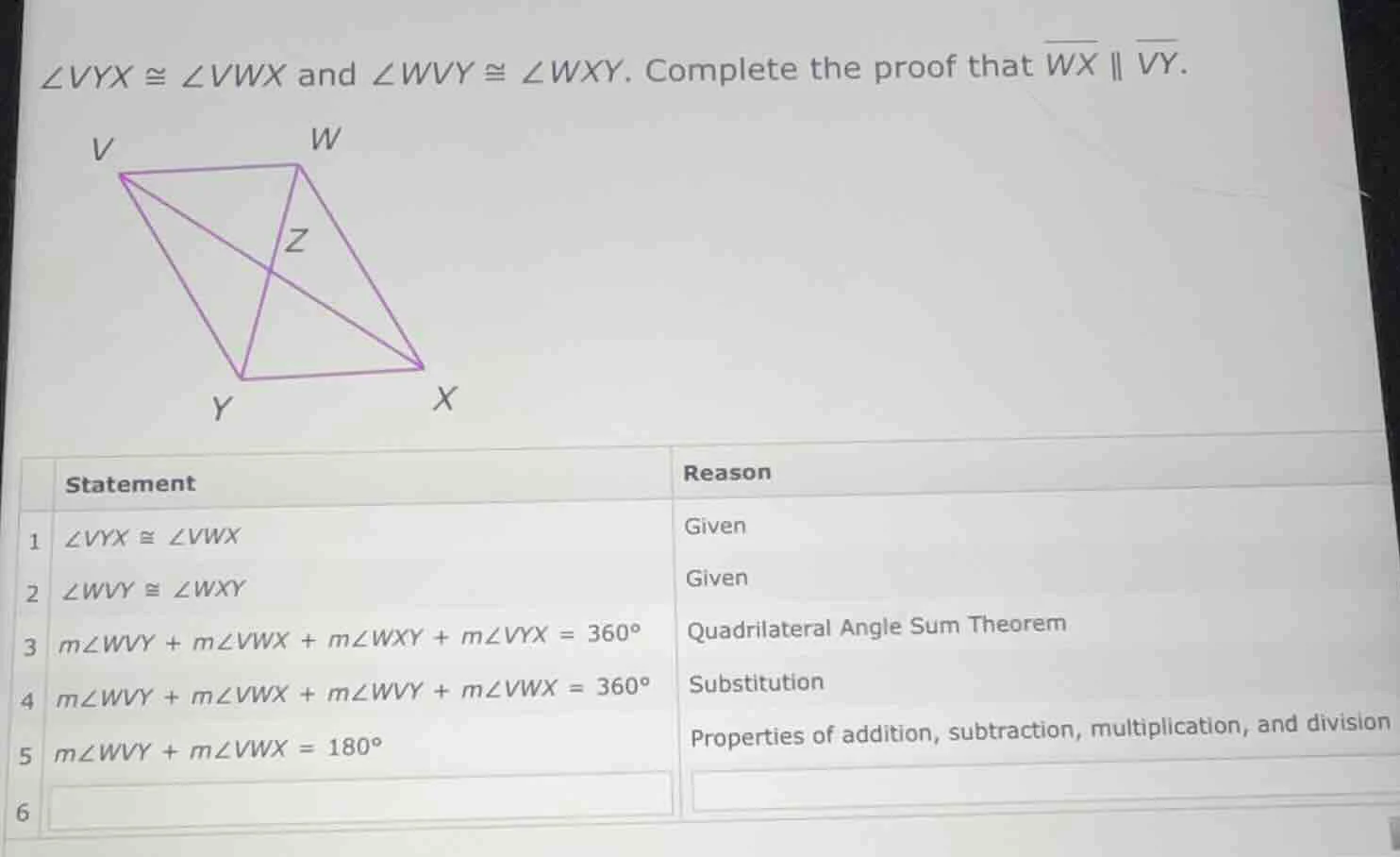 $\\angle vyx \\cong \\angle vwx$ and $\\angle wvy \\cong \\angle wxy$. …