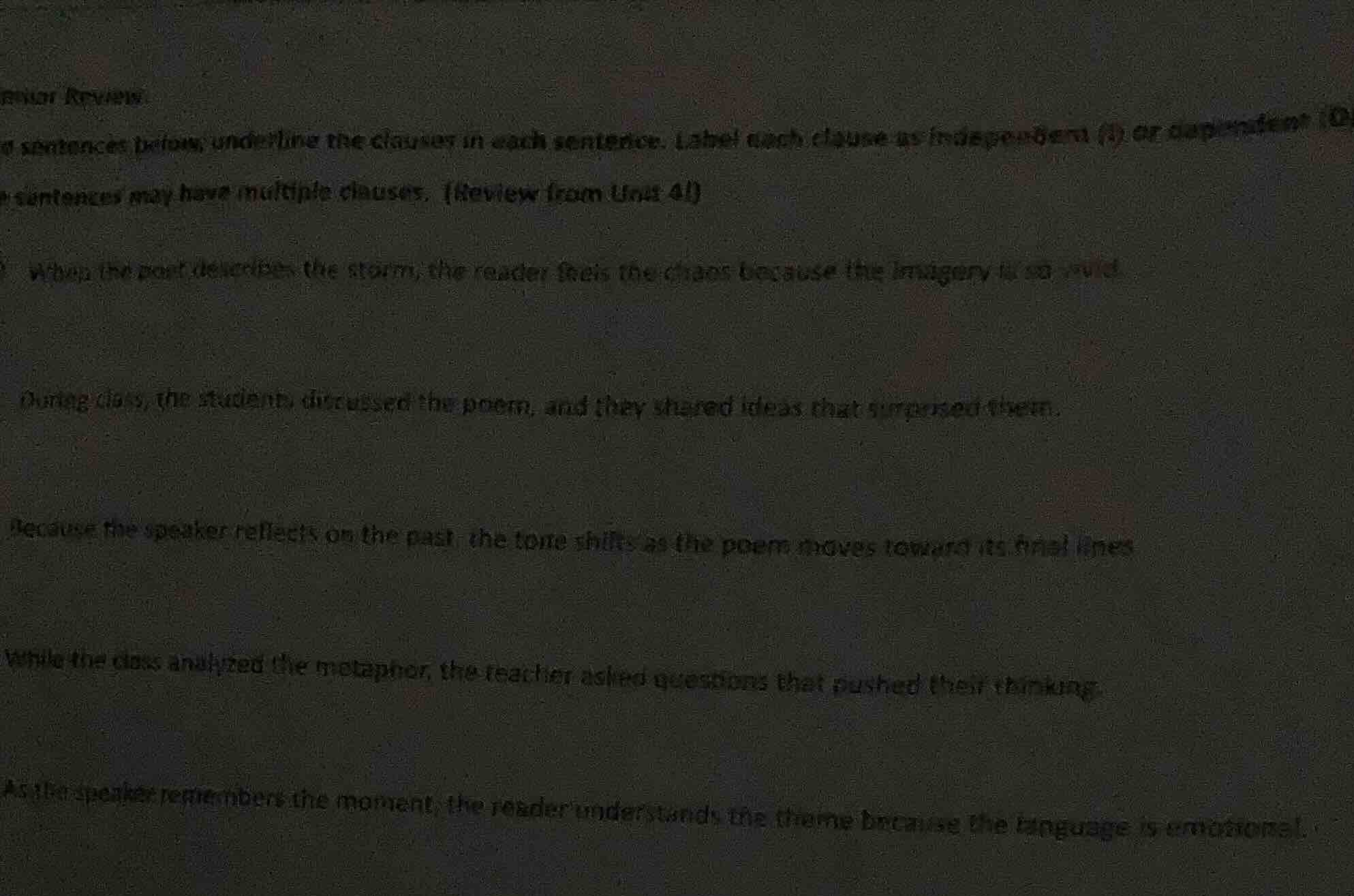 review sentences below; underline the clauses in each sentence. label e…