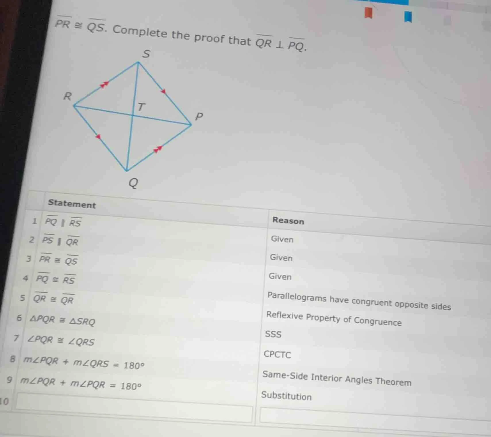 $overline{pr} cong overline{qs}$. complete the proof that $overline{qr}…