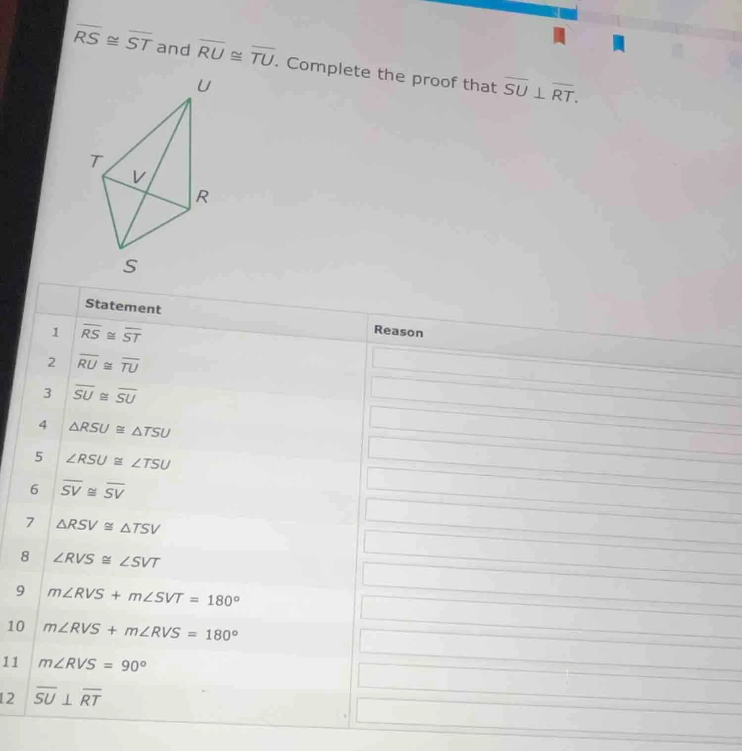 $overline{rs} cong overline{st}$ and $overline{ru} cong overline{tu}$. …