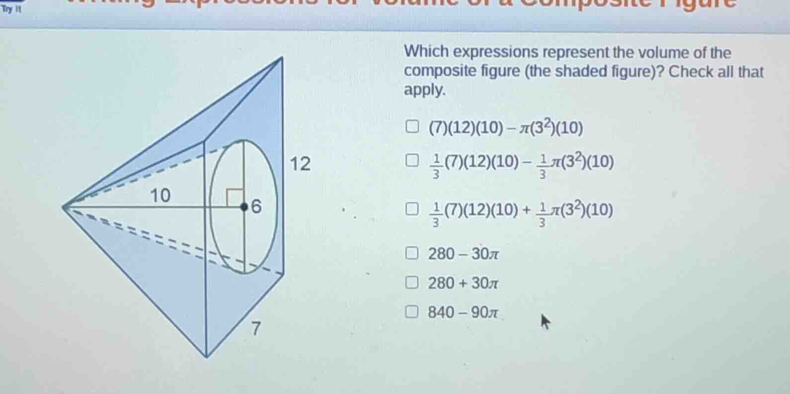 which expressions represent the volume of the composite figure (the sha…