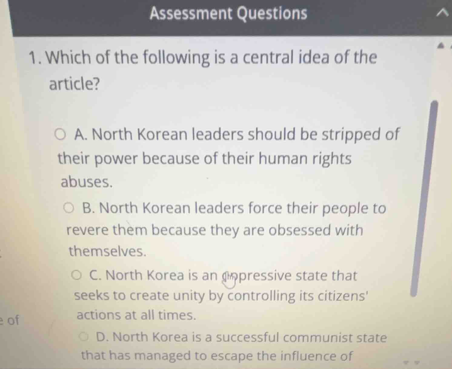 1. which of the following is a central idea of the article? a. north ko…