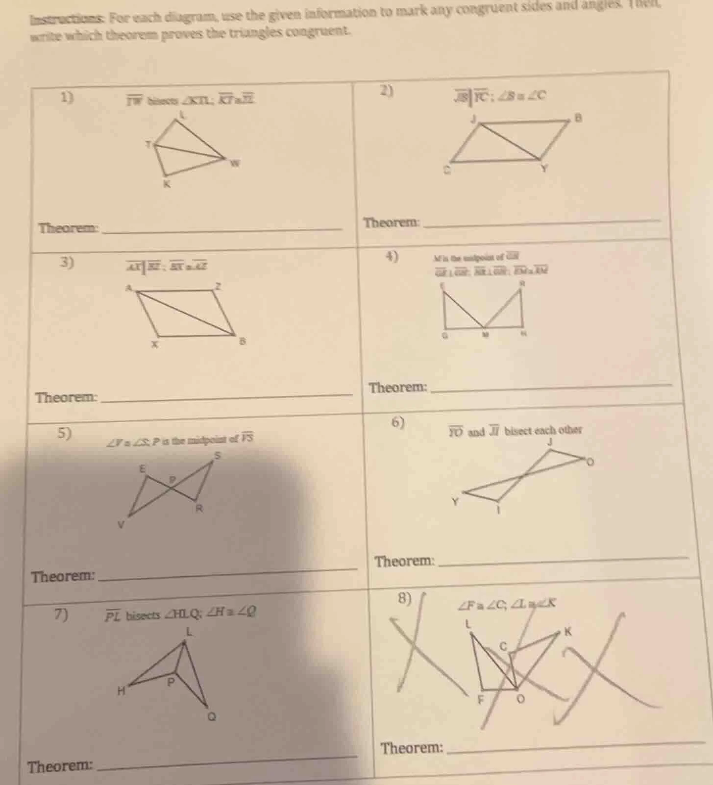 instructions: for each diagram, use the given information to mark any c…