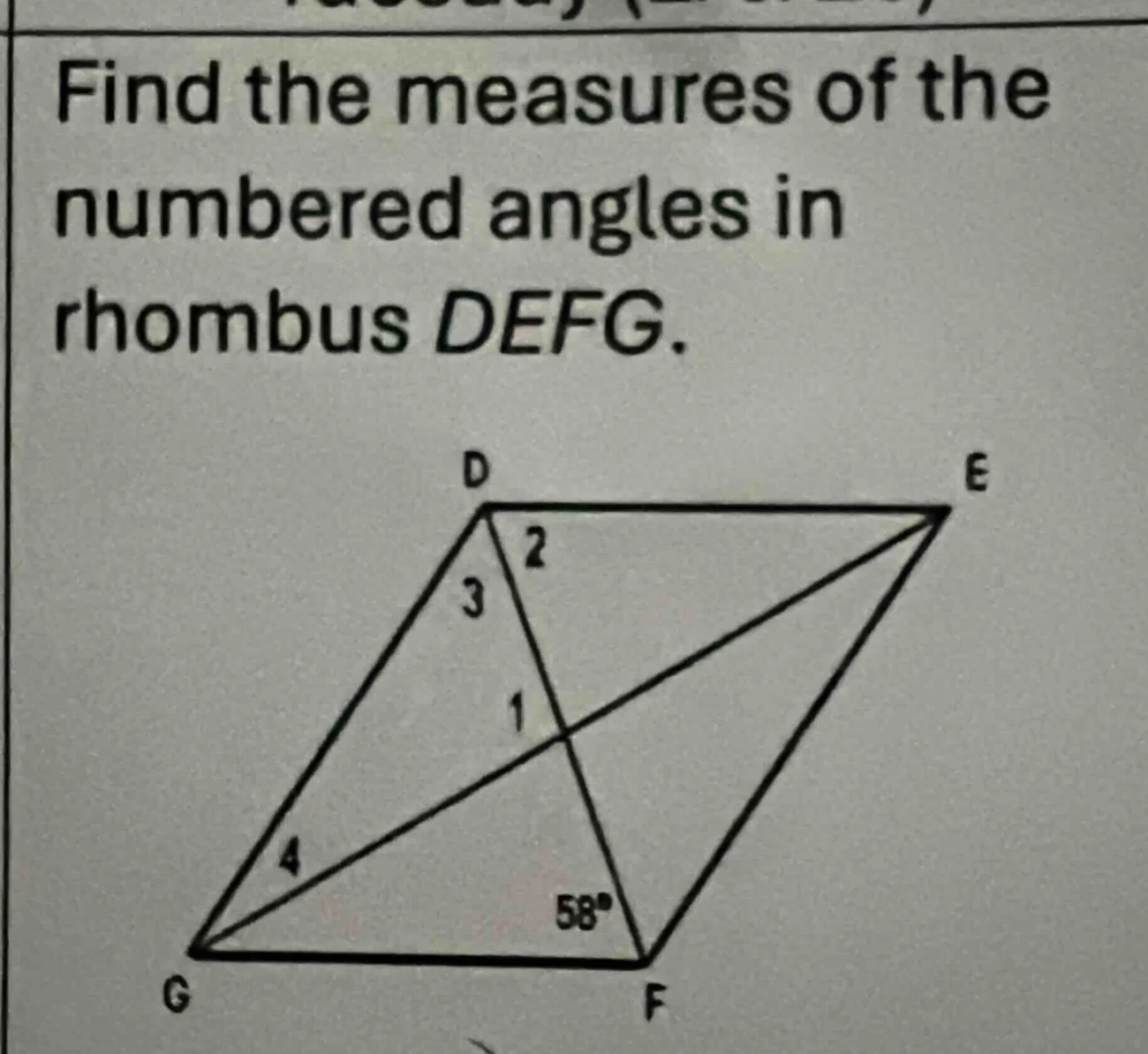 find the measures of the numbered angles in rhombus defg.