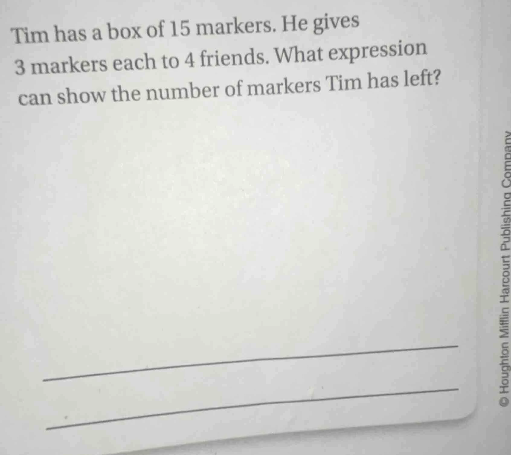 tim has a box of 15 markers. he gives 3 markers each to 4 friends. what…