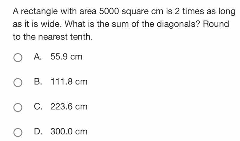 a rectangle with area 5000 square cm is 2 times as long as it is wide. …