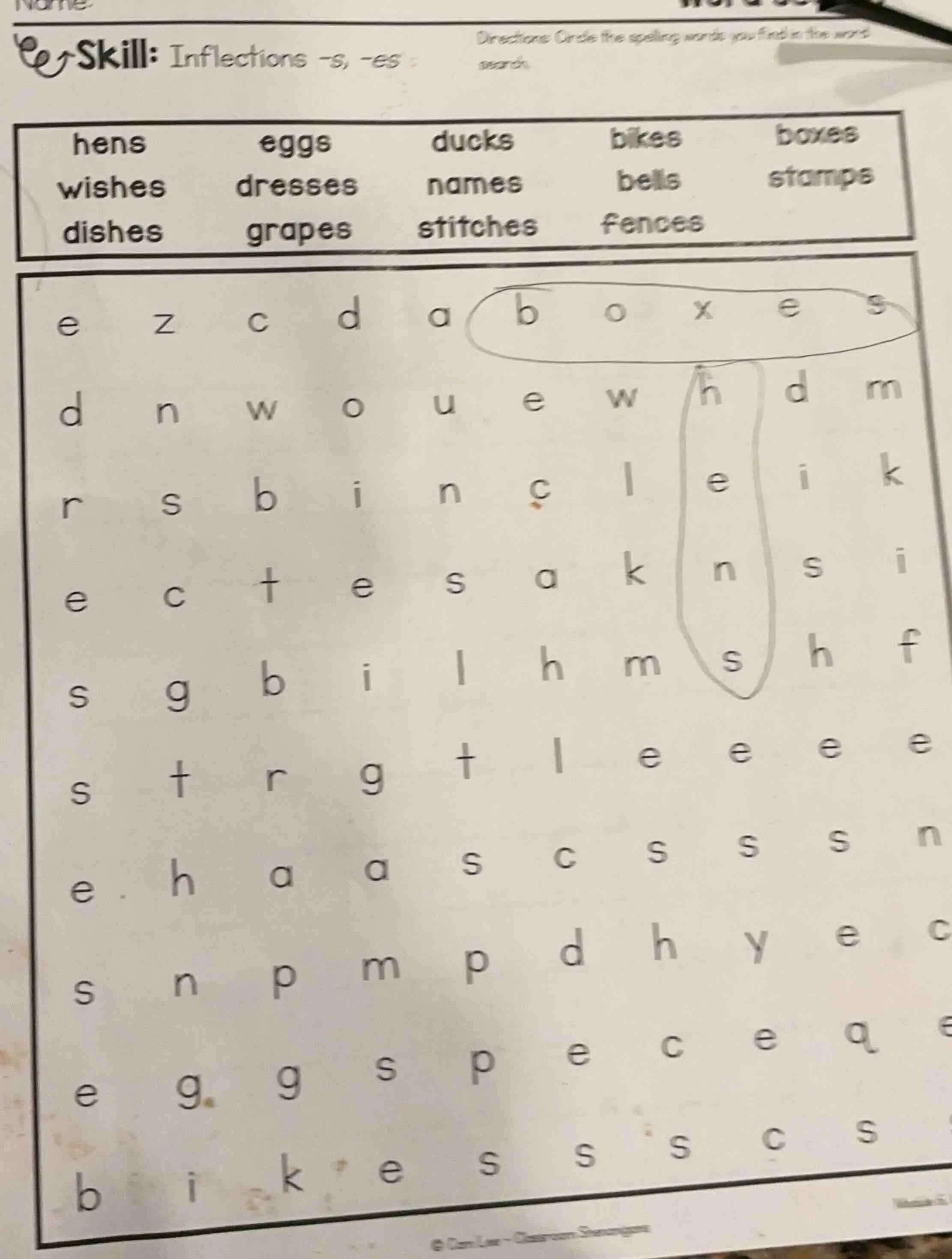skill: inflections -s, -es directions: circle the spelling words you fi…