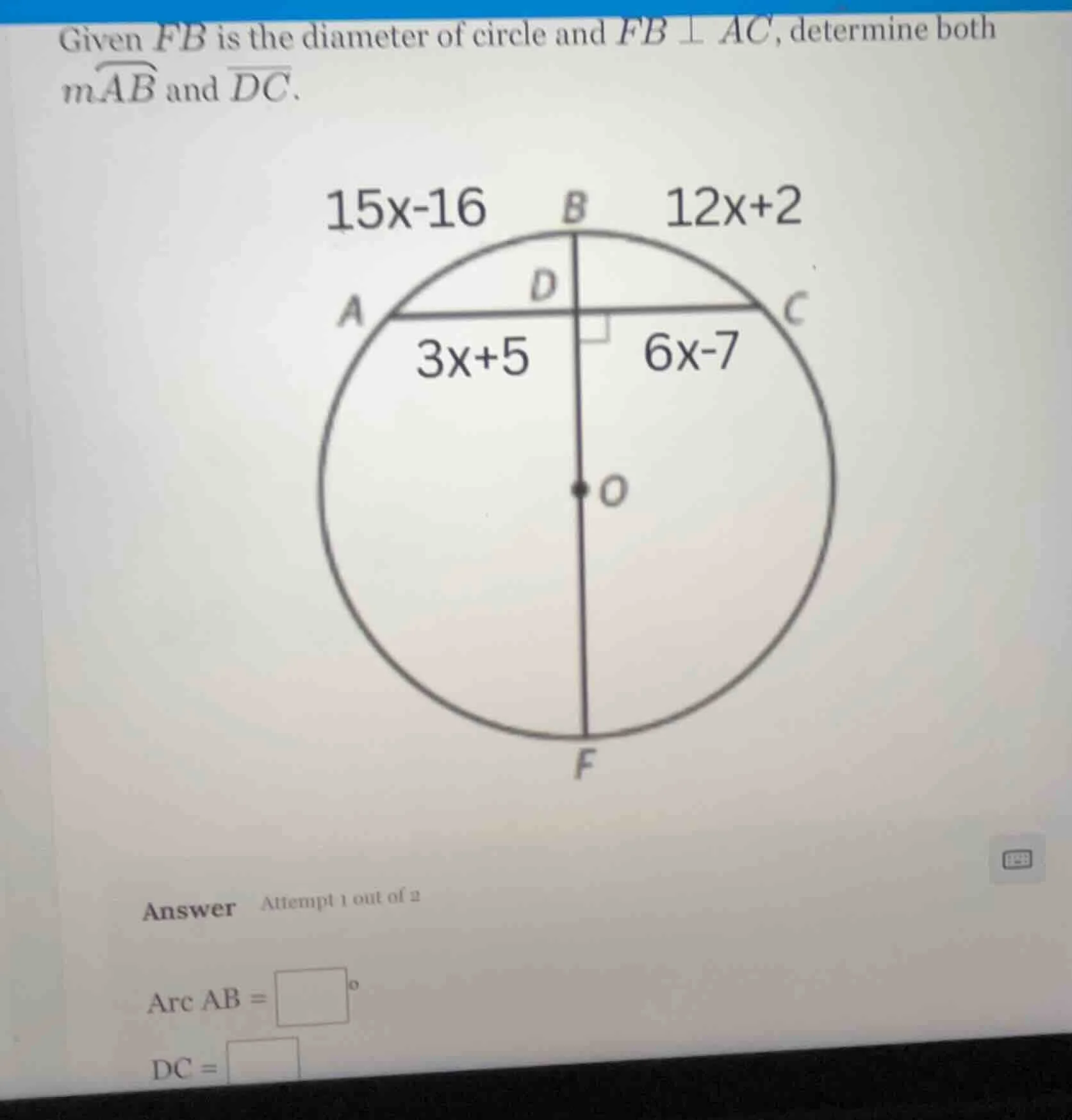 given fb is the diameter of circle and fb ⊥ ac, determine both m\\(\\ov…