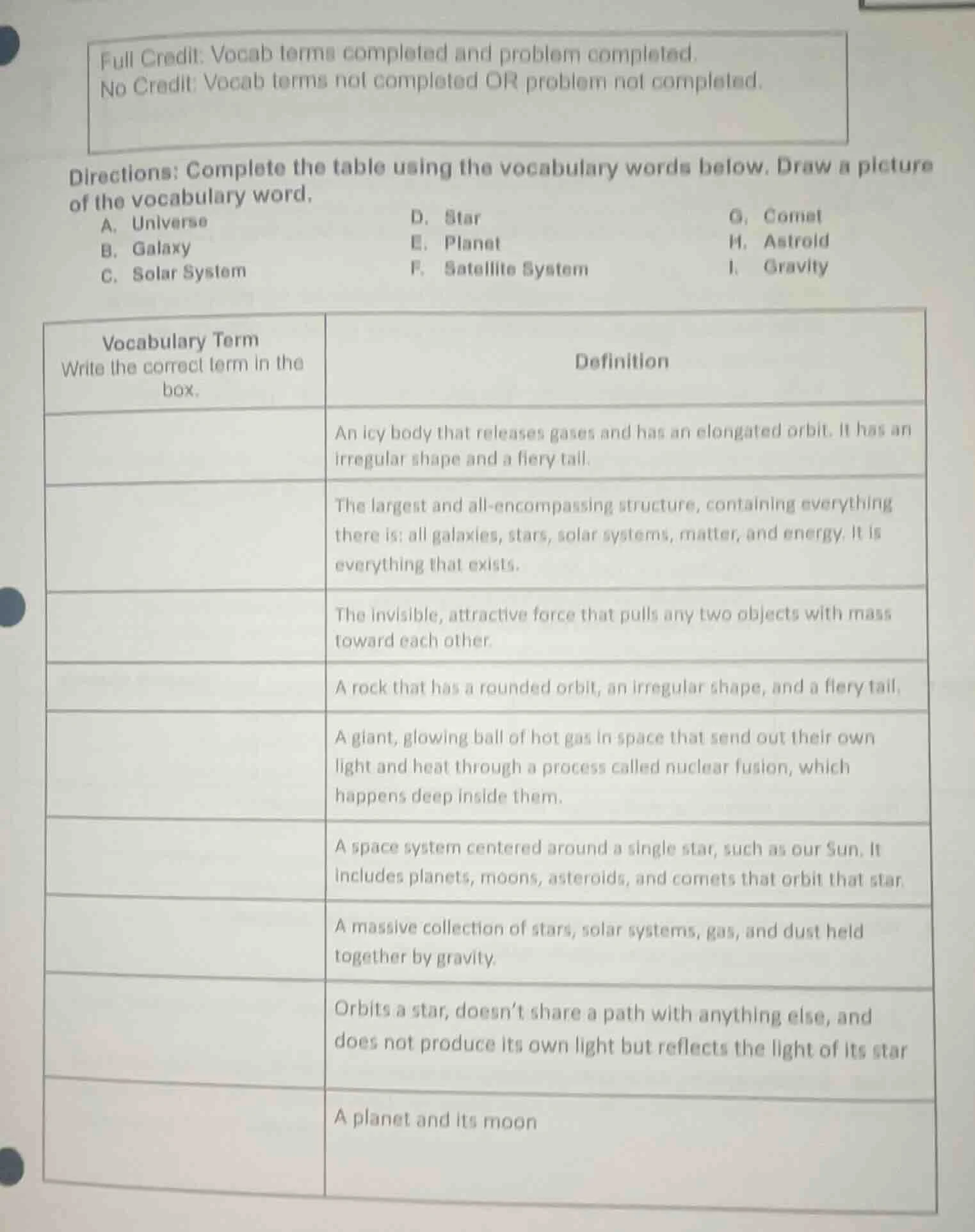 full credit: vocab terms completed and problem completed. no credit: vo…