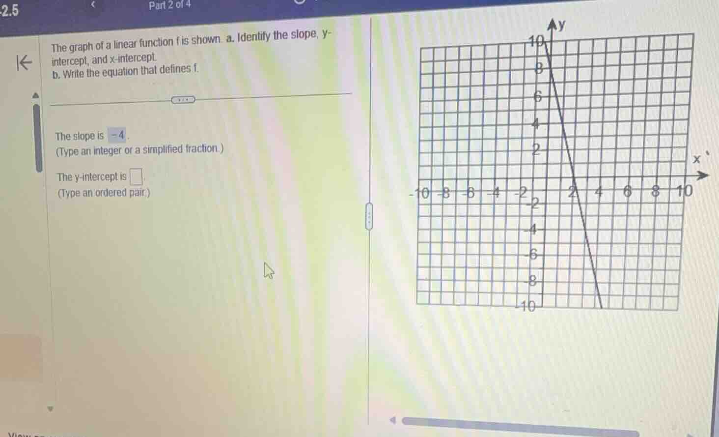 the graph of a linear function f is shown a. identify the slope, y-inte…