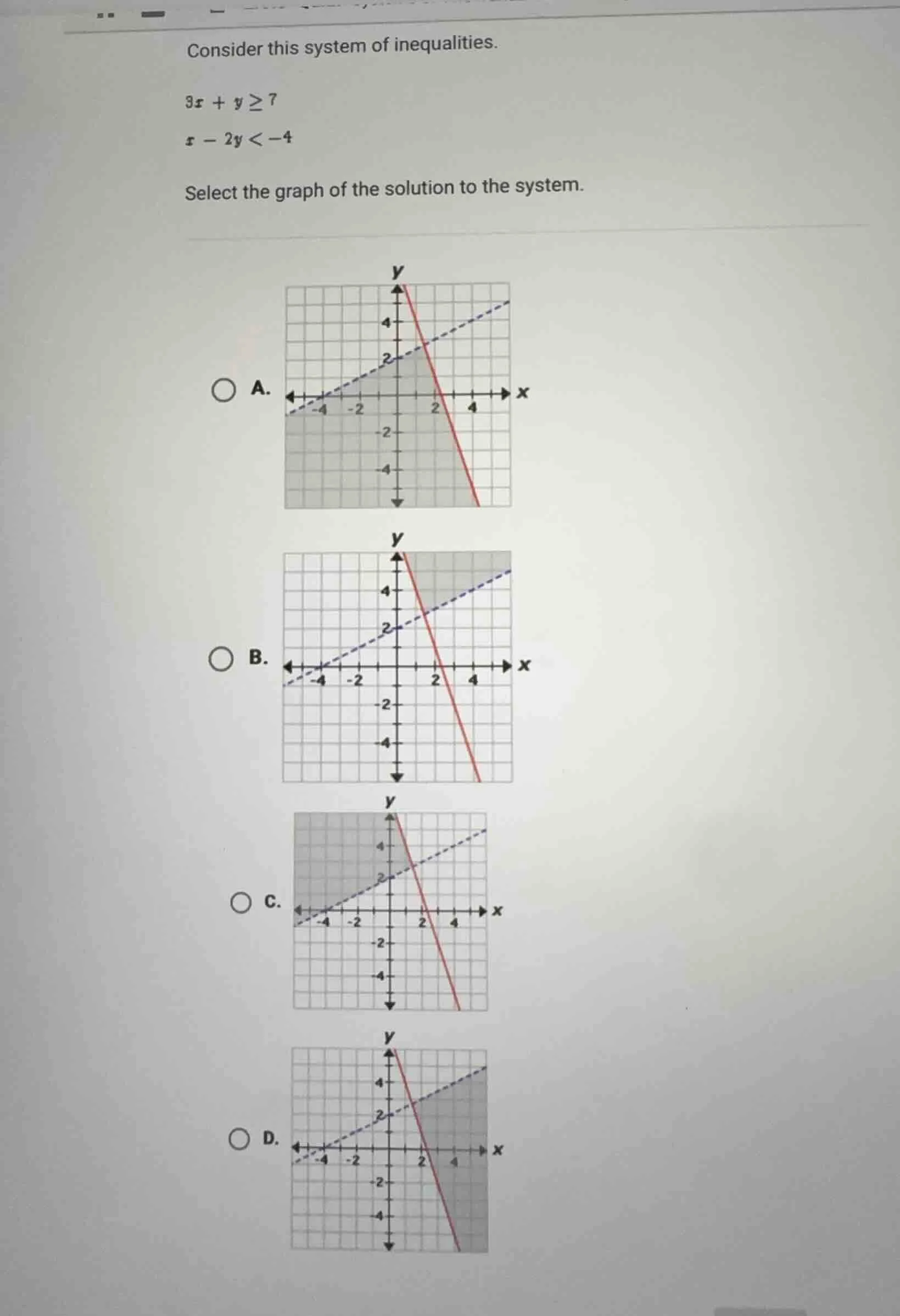 consider this system of inequalities. $3x + y \\geq 7$ $x - 2y < -4$ se…