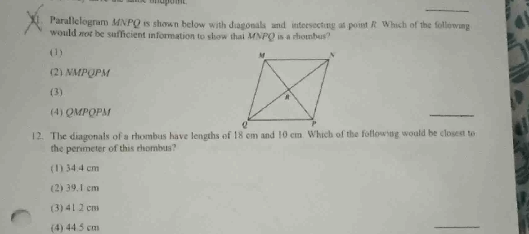 1. parallelogram mnpq is shown below with diagonals and intersecting at…