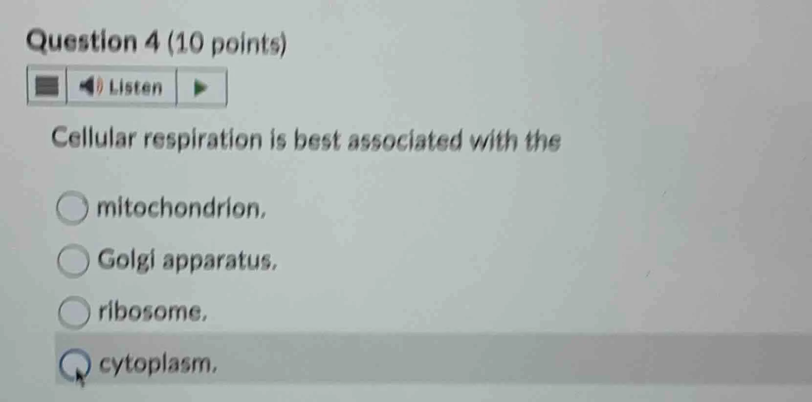 question 4 (10 points) listen cellular respiration is best associated w…