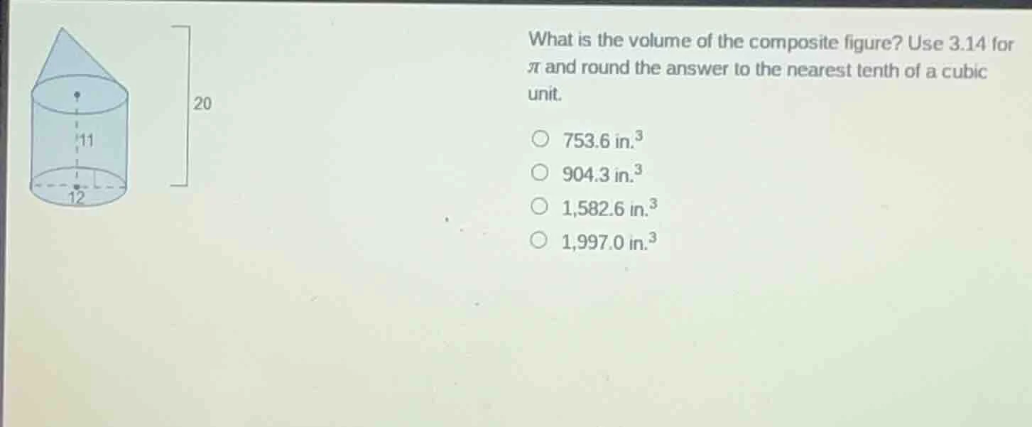 what is the volume of the composite figure? use 3.14 for \\(\\pi\\) and…