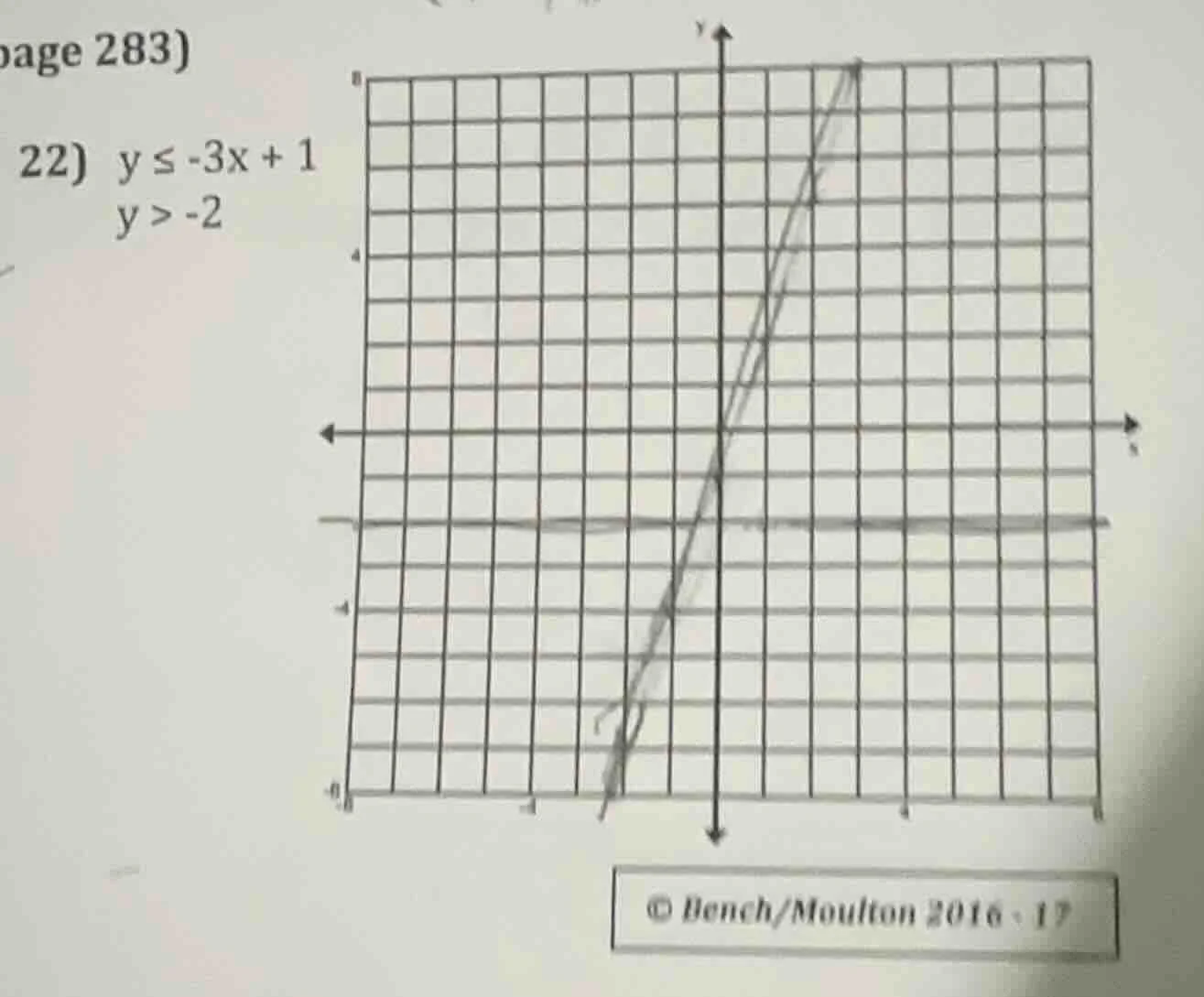 page 283) 22) $y \\leq -3x + 1$ $y > -2$