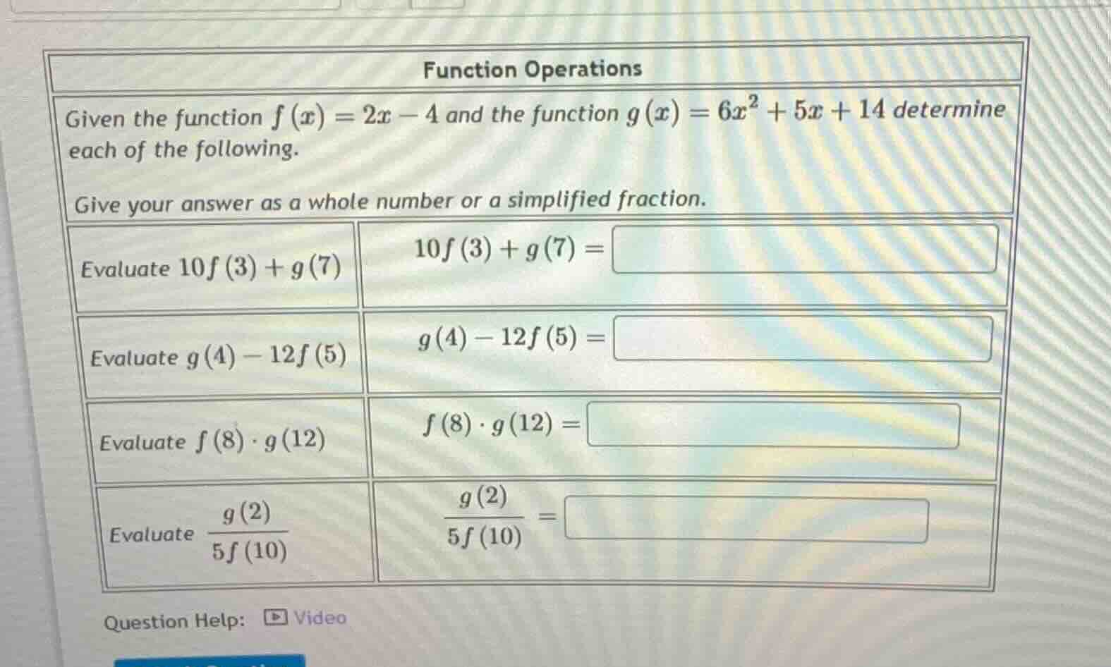 function operations given the function $f(x) = 2x - 4$ and the function…