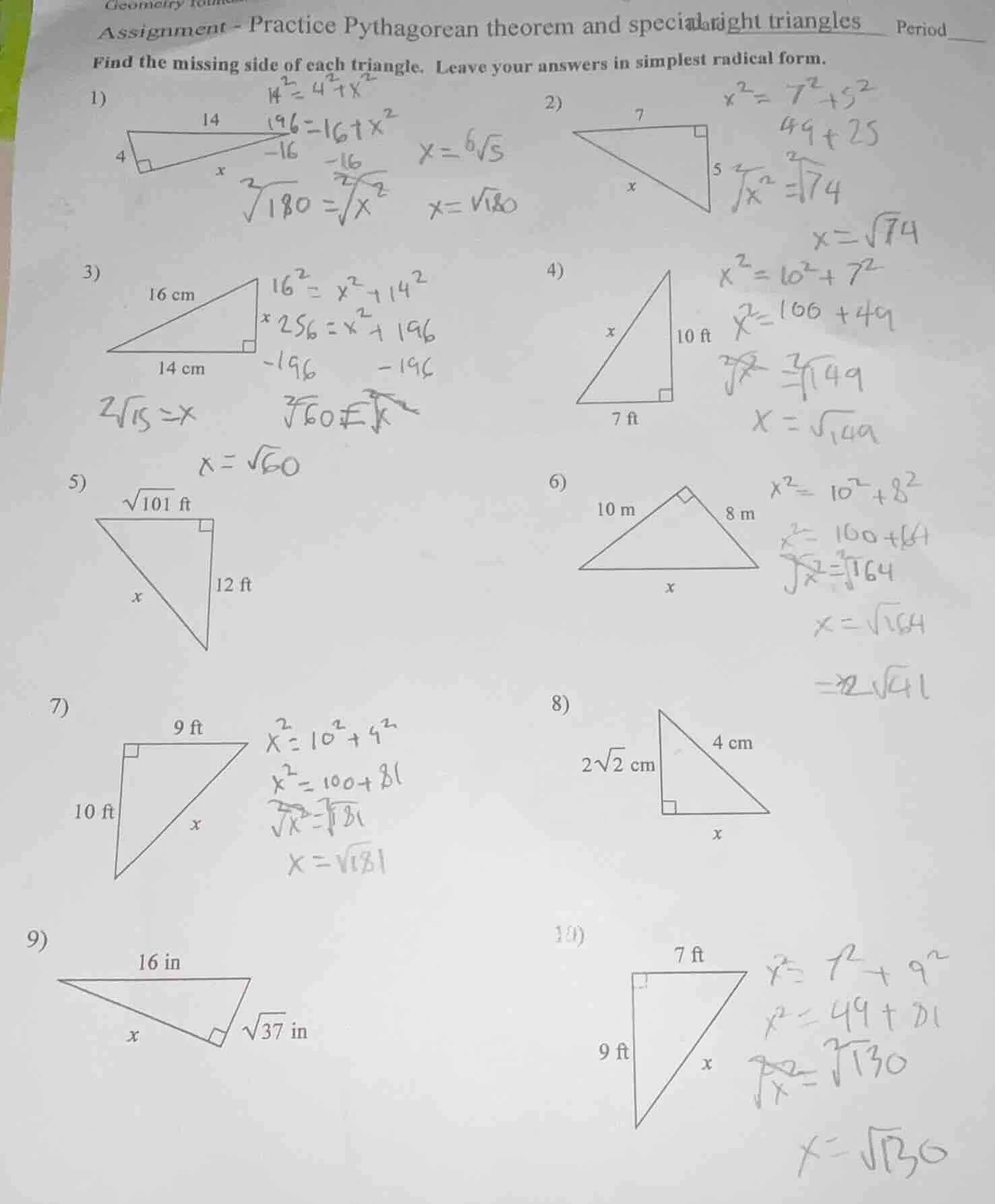 assignment - practice pythagorean theorem and special right triangles p…