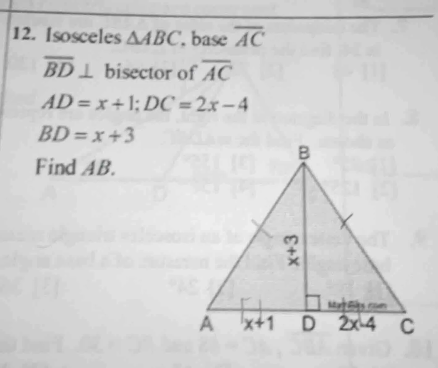 12. isosceles $\\triangle abc$, base $\\overline{ac}$ $\\overline{bd} \…