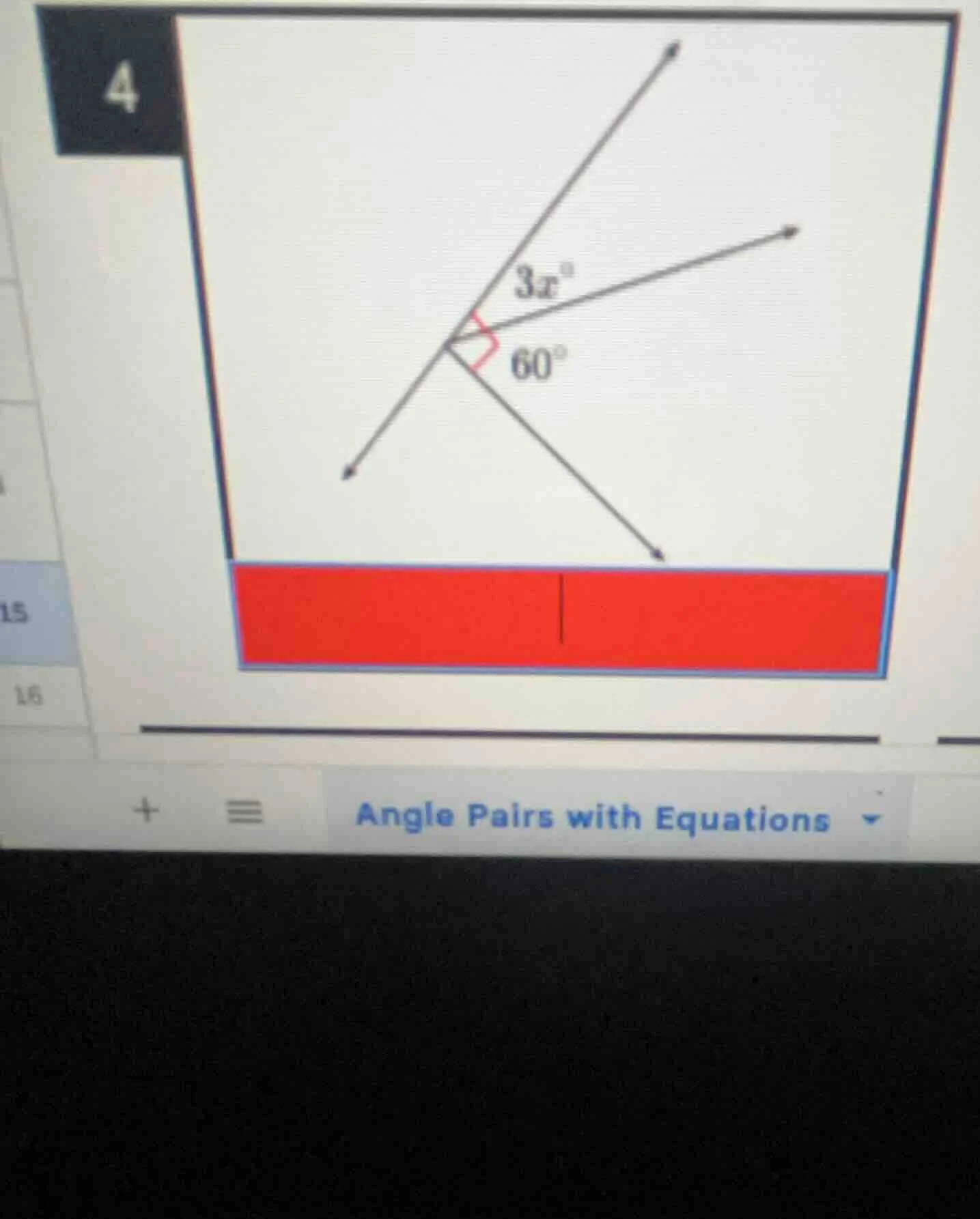 4, 3x°, 60°, angle pairs with equations